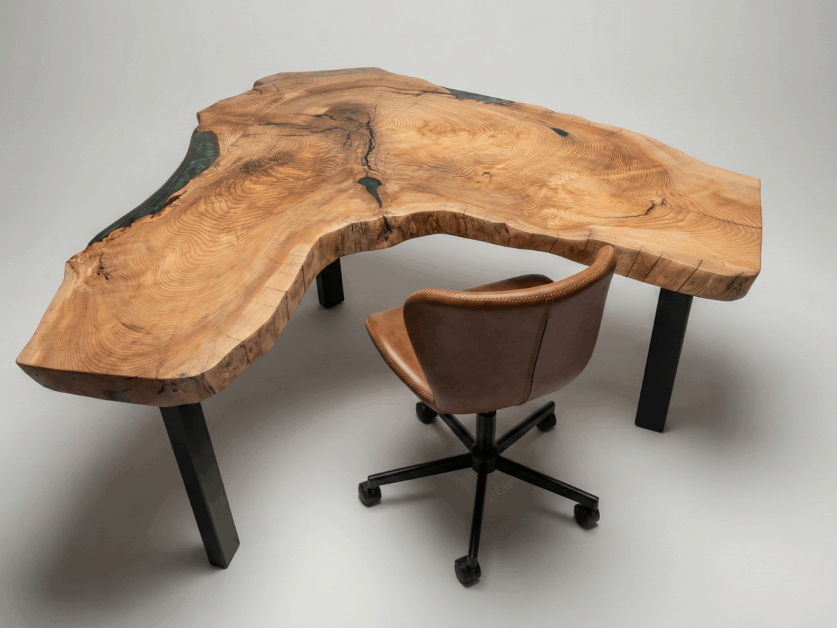 Table de bureau bord naturel avec résine époxy verte (Bureau d'angle)