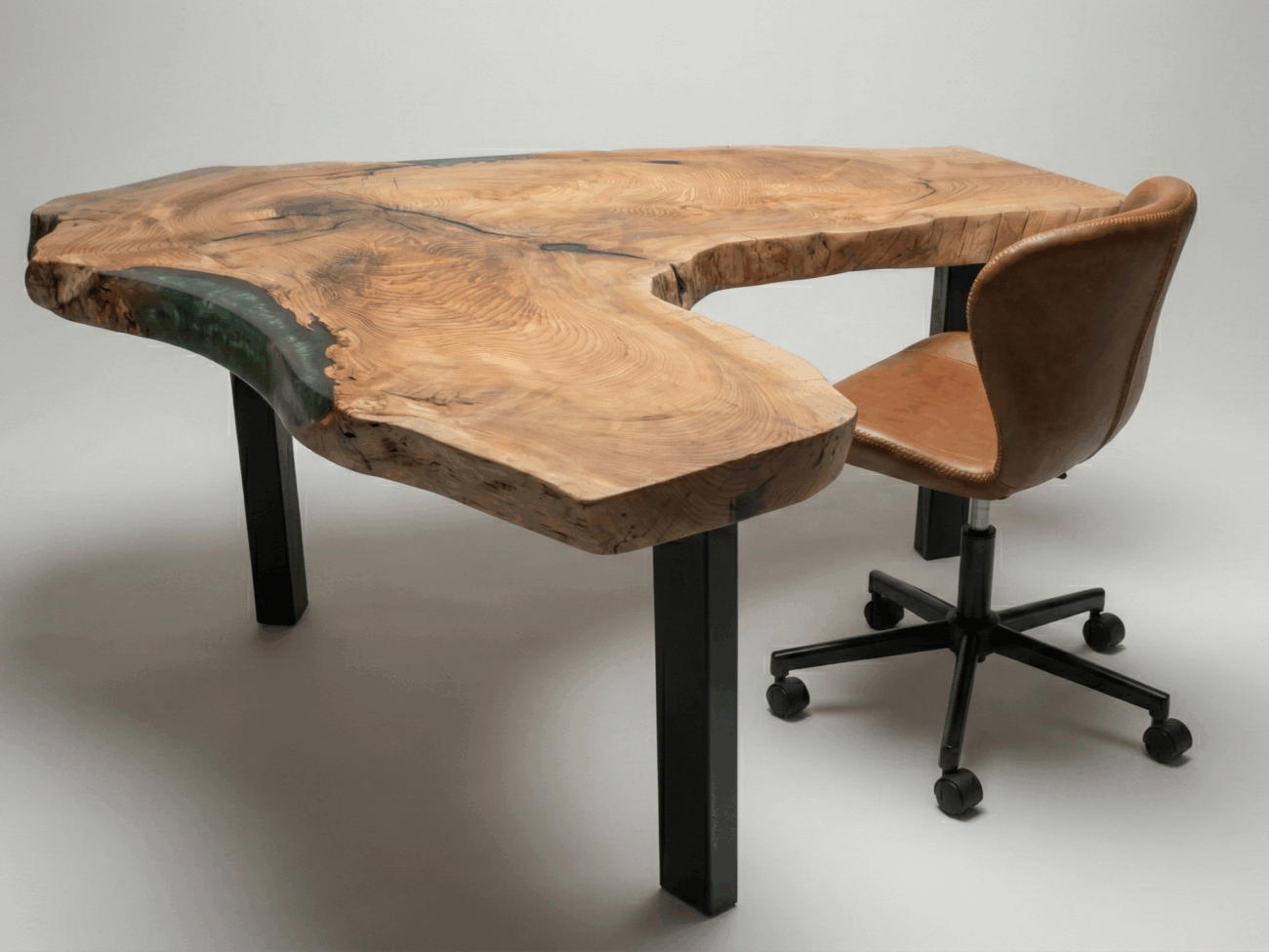 Table de bureau bord naturel avec résine époxy verte (Bureau d'angle)