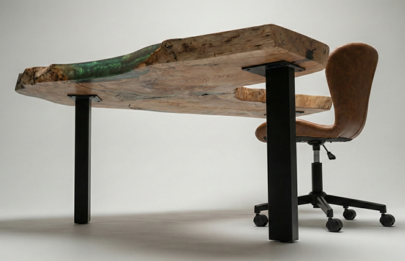 Table de bureau bord naturel avec résine époxy verte (Bureau d'angle)
