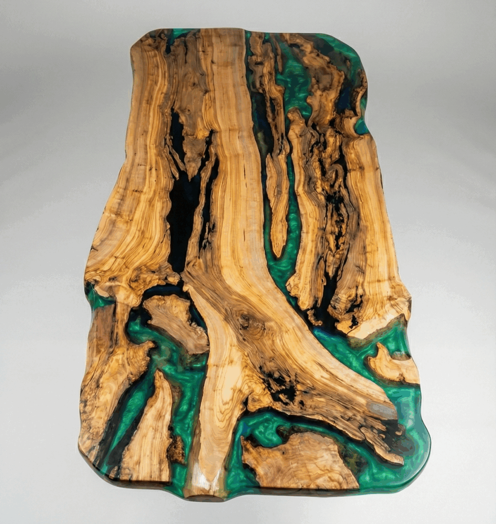 Table à manger en bois d'olivier et résine époxy verte (Table rivière)