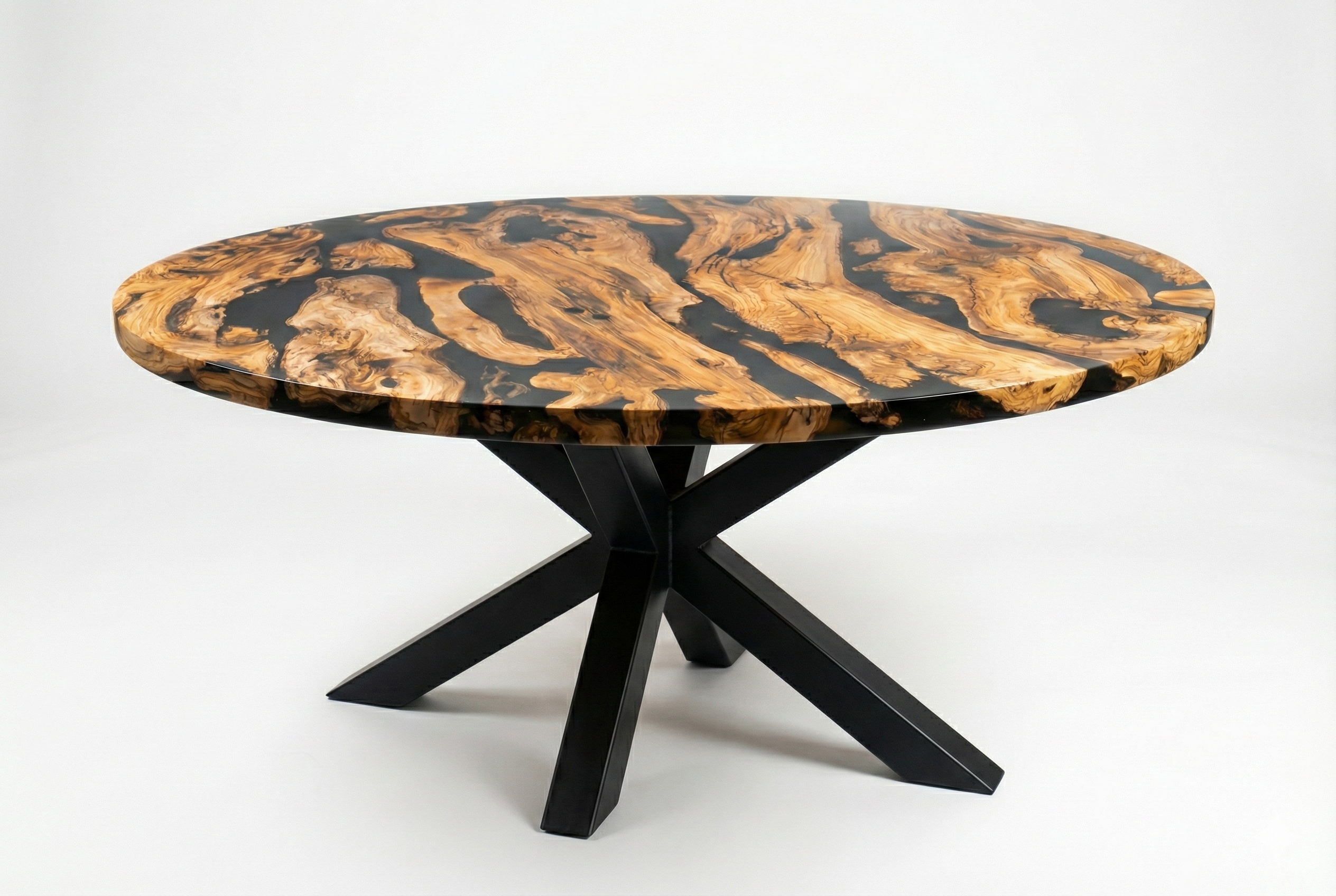Table à manger ronde bord naturel en résine époxy noire