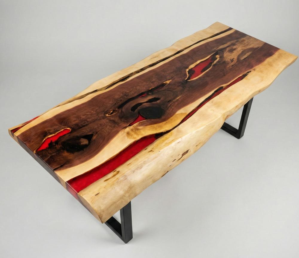 Table basse bord naturel avec résine époxy rouge (Table rivière) - Sur mesure