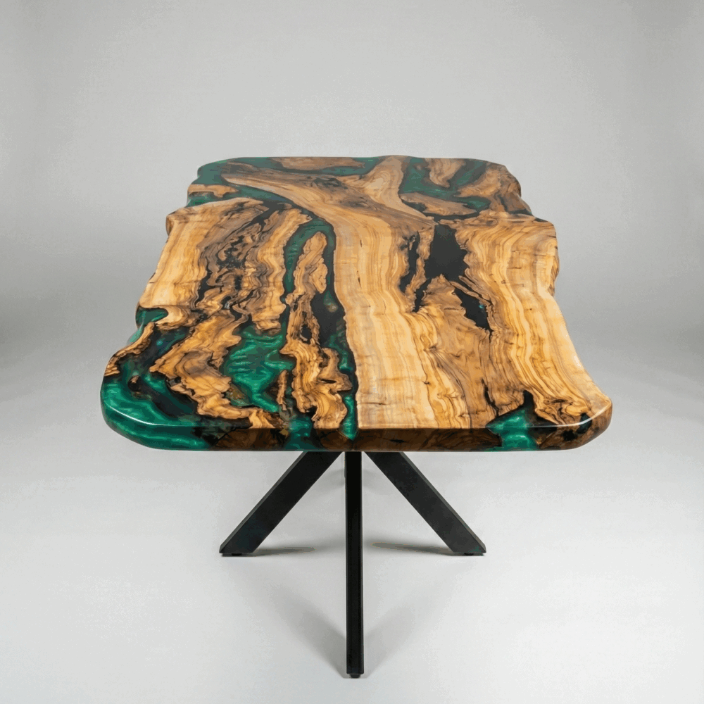 Table à manger en bois d'olivier et résine époxy verte (Table rivière)