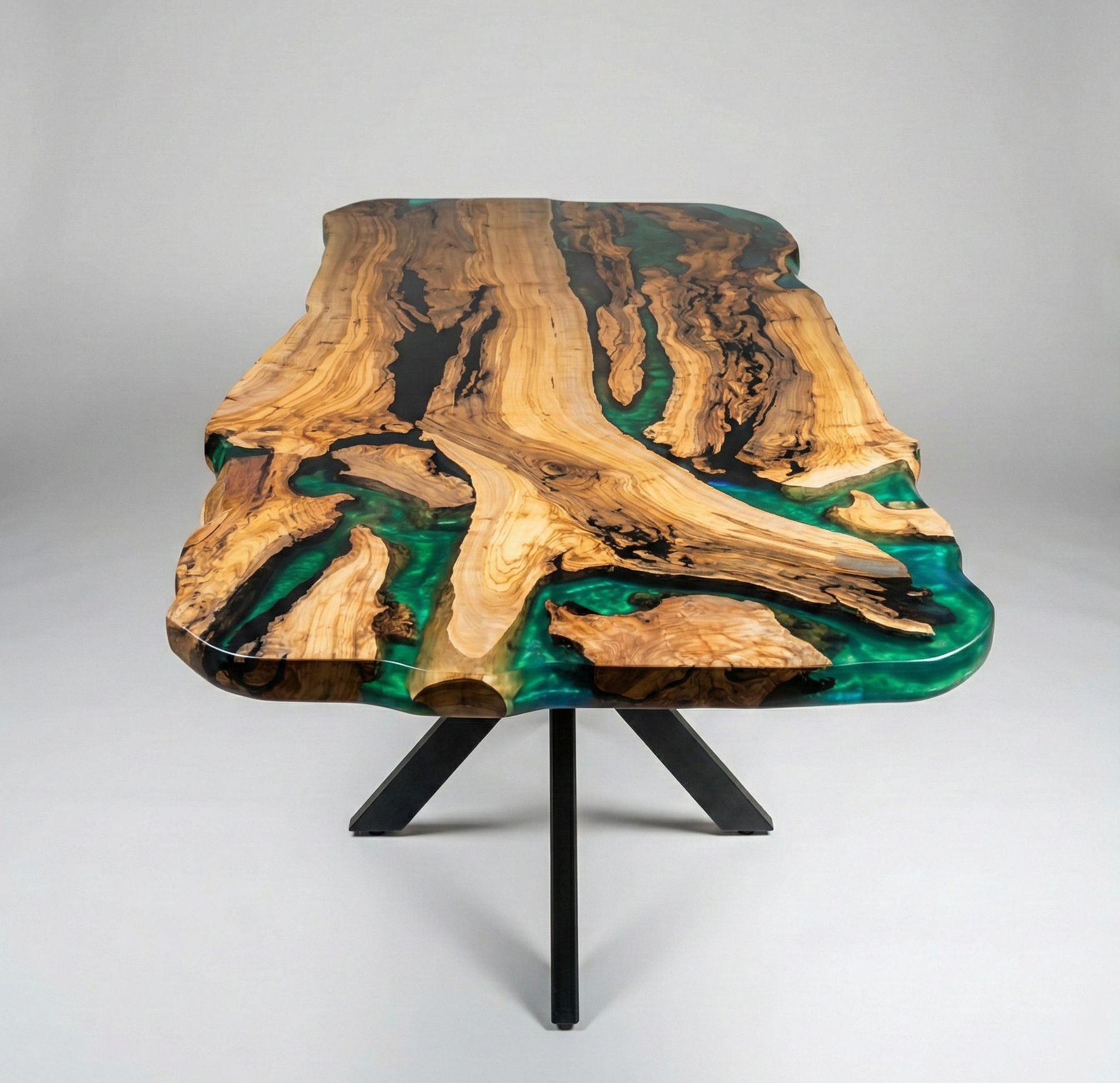 Table à manger en bois d'olivier et résine époxy verte (Table rivière)