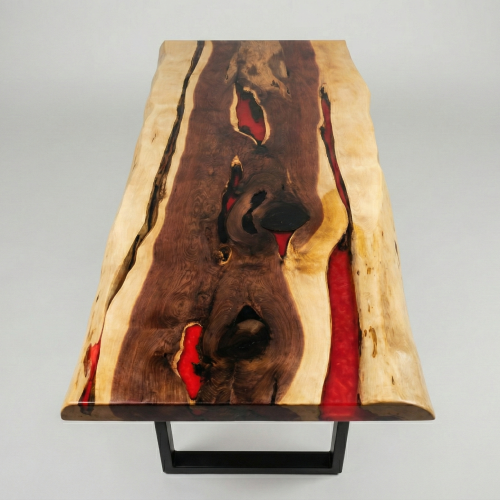 Table basse bord naturel avec résine époxy rouge (Table rivière) - Sur mesure