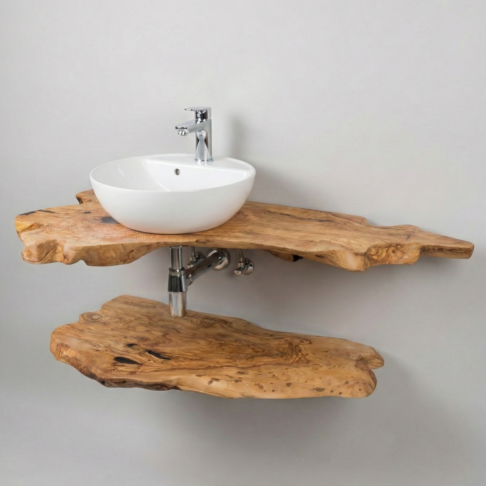 Plan de vasque en bois d'olivier réalisé sur mesure.