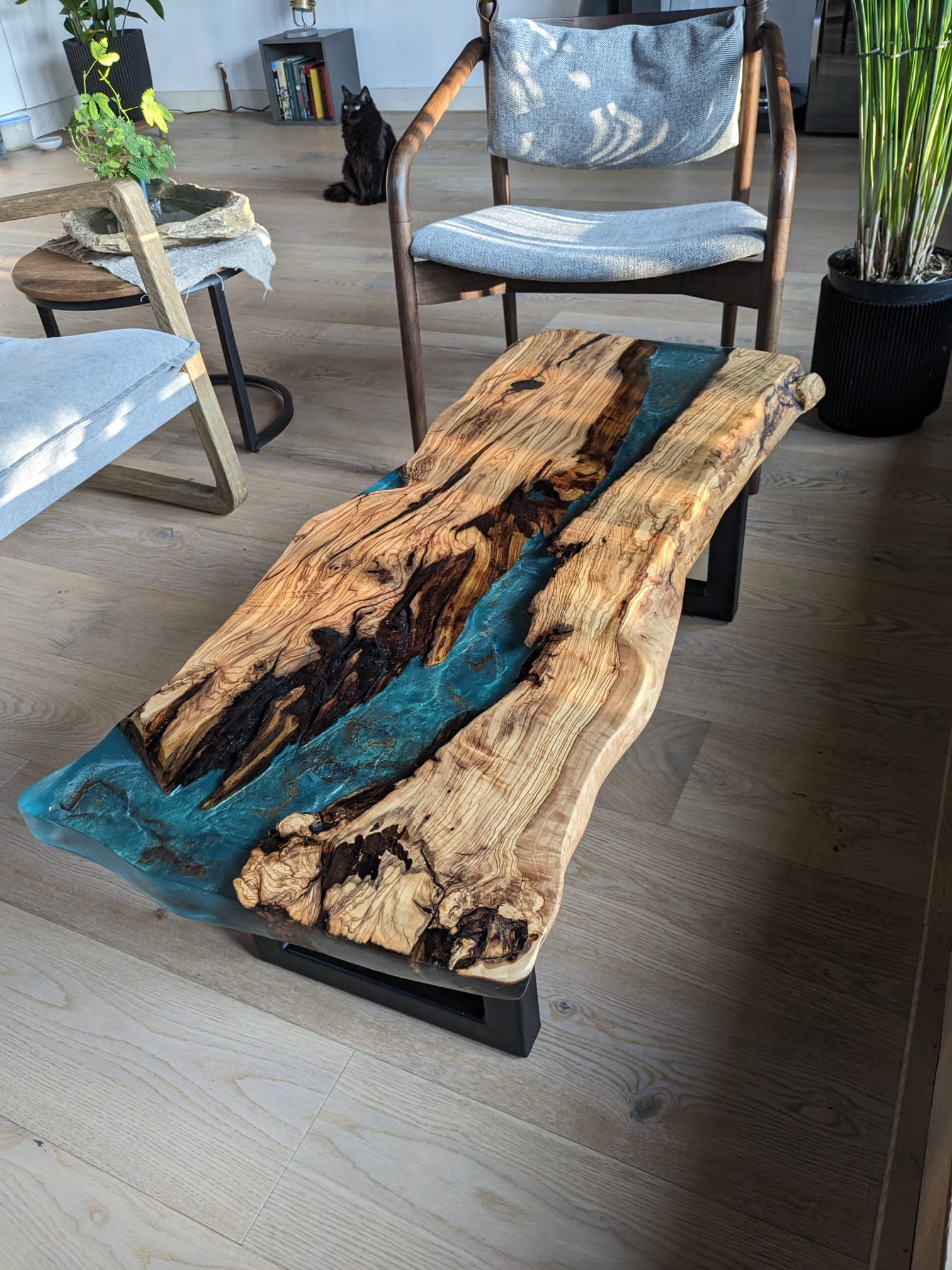 Table basse en bois d'olivier avec rivière en résine époxy bleue – Bord naturel effet littoral