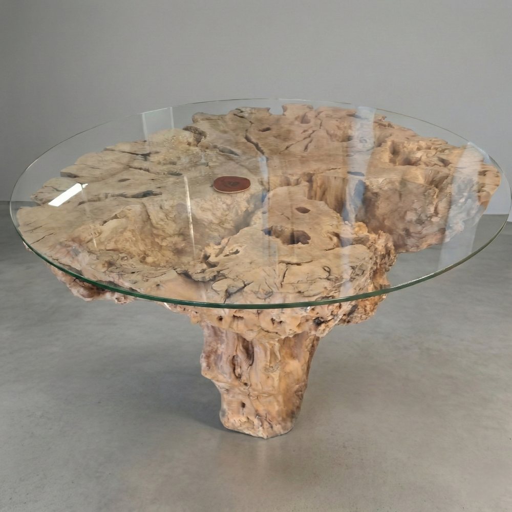 Table basse ronde bord naturel avec verre – Racine massive