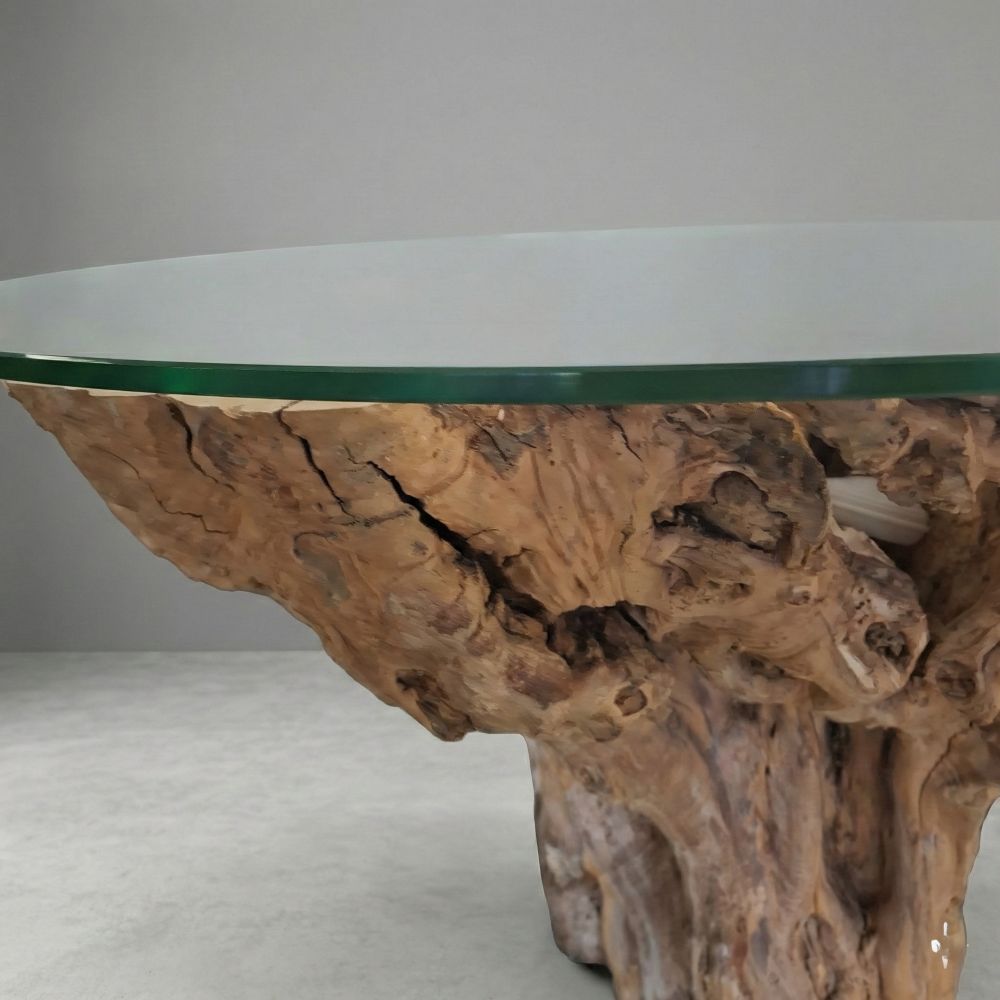 Table basse ronde bord naturel avec verre – Racine massive