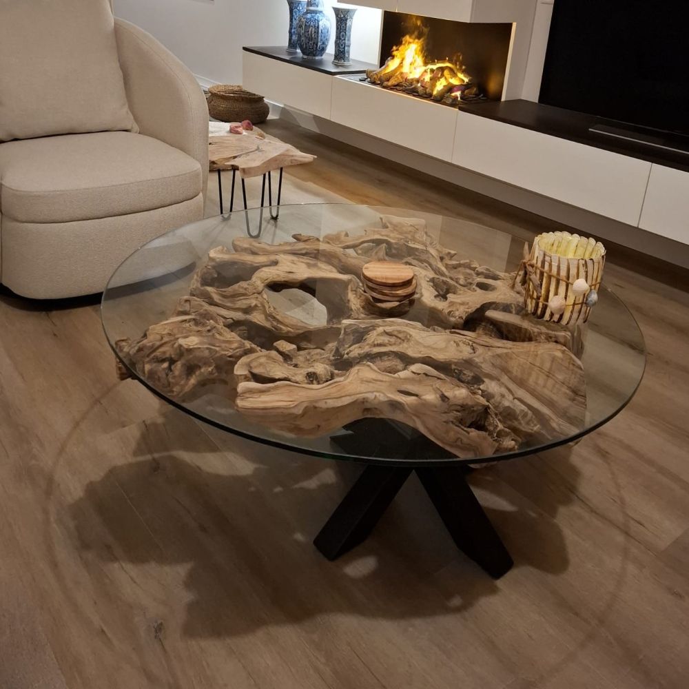 Table basse ronde bord naturel en bois d'olivier avec verre
