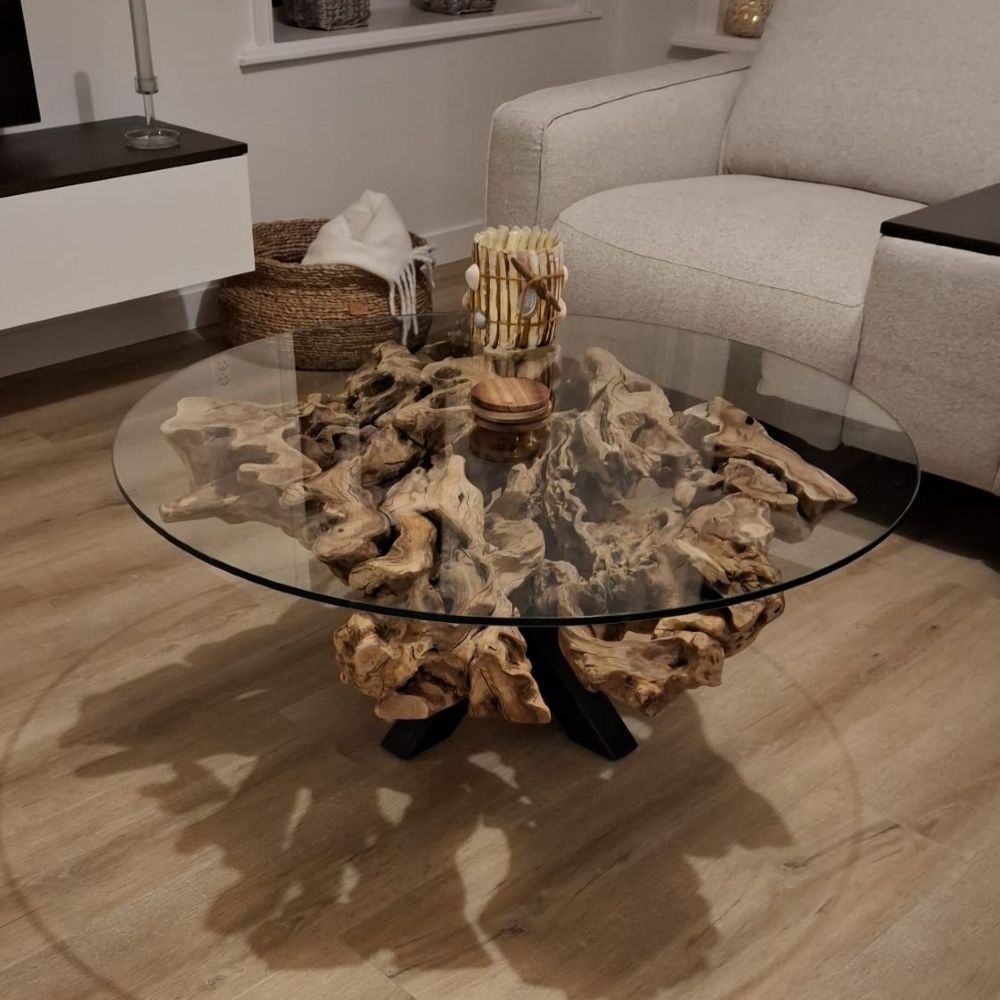 Table basse ronde bord naturel en bois d'olivier avec verre
