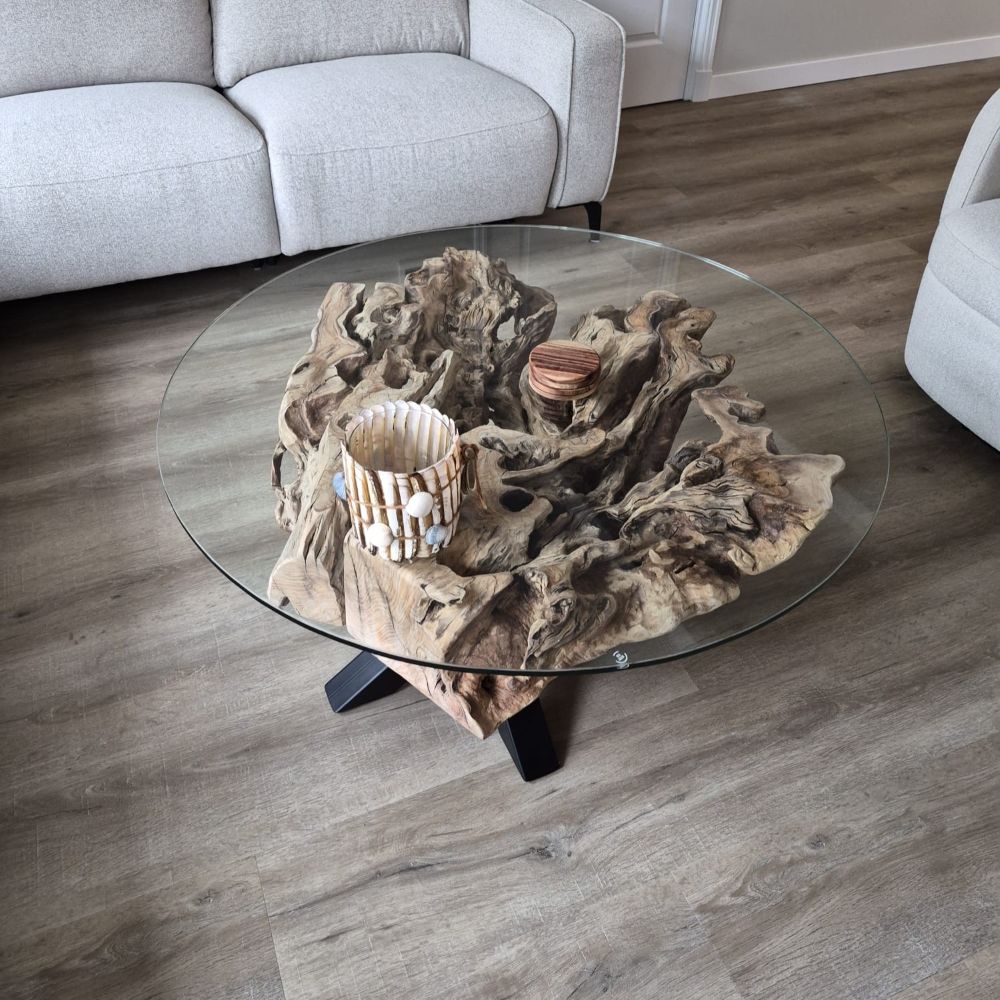 Table basse ronde bord naturel en bois d'olivier avec verre