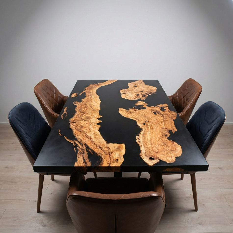 Table à manger en résine époxy noire mate – Bois massif à bord naturel