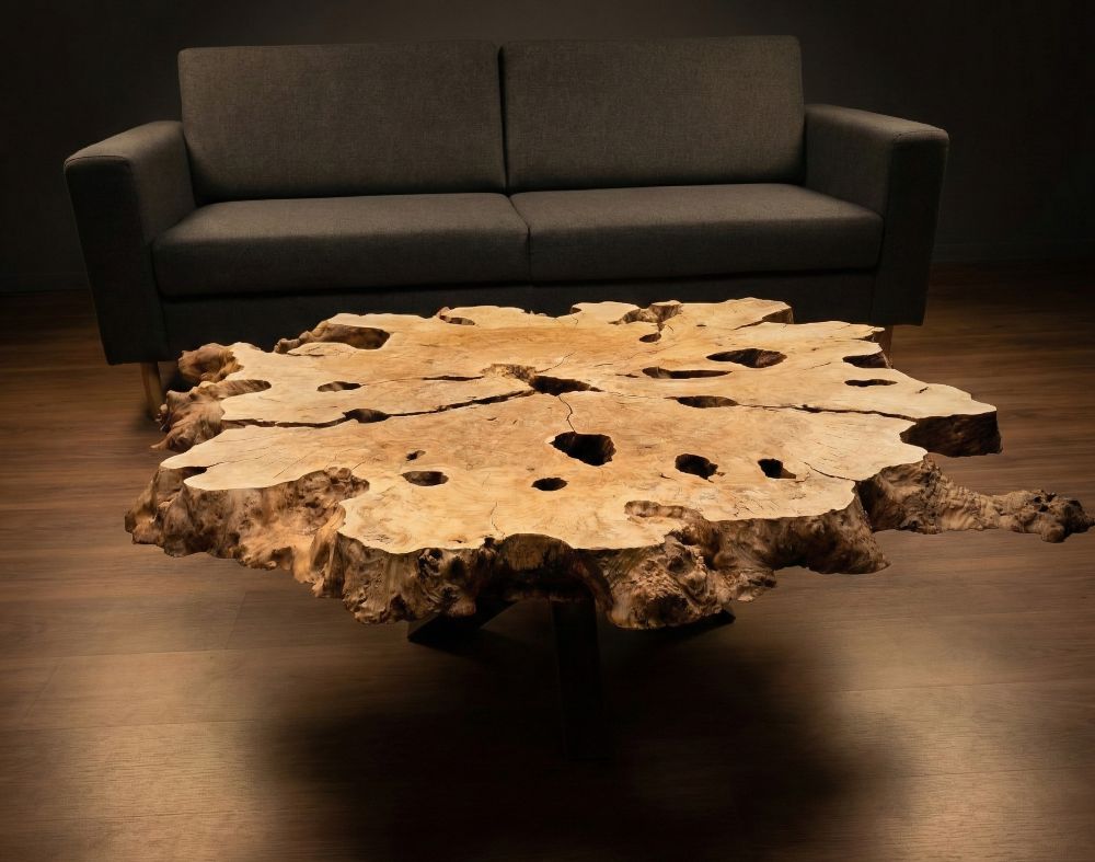 Table basse bord naturel en bois d'olivier – Racine massive ronde en bois massif