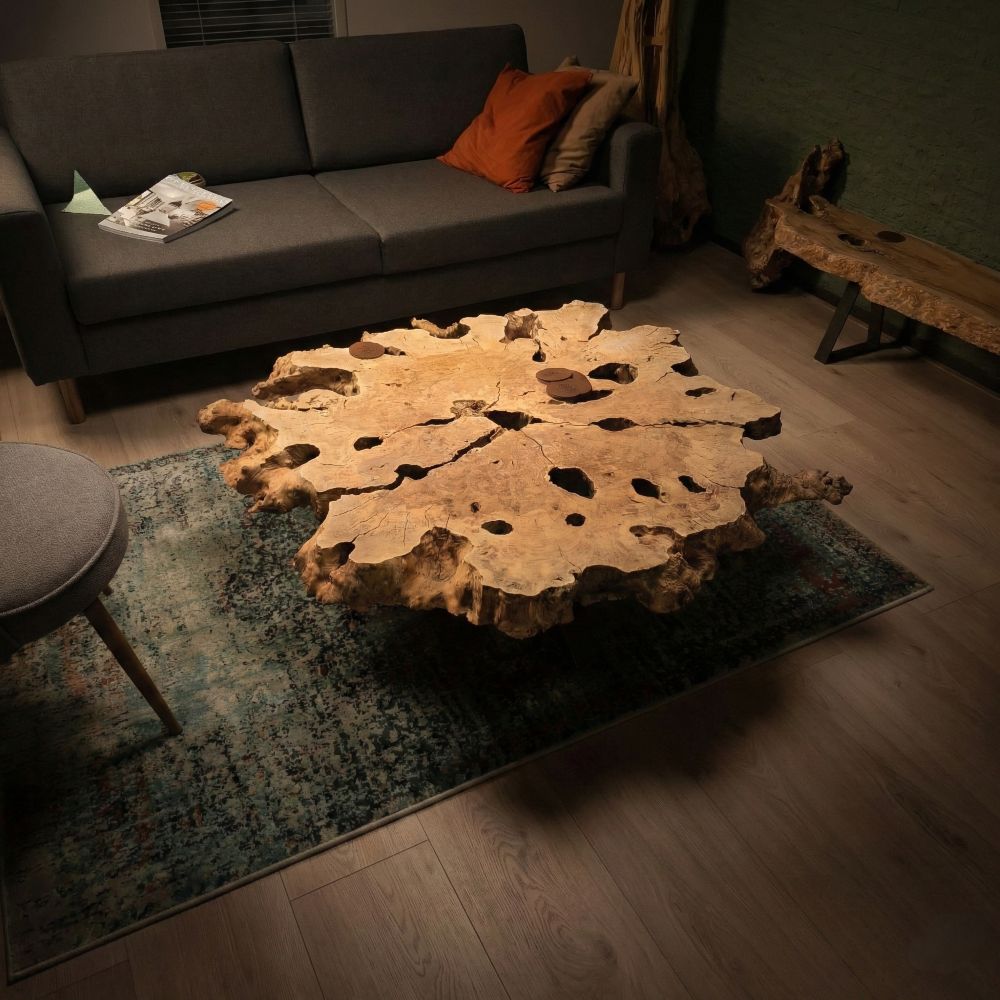 Table basse bord naturel en bois d'olivier – Racine massive ronde en bois massif