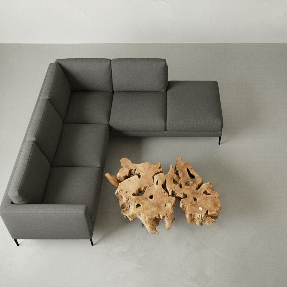 Table basse bord naturel en bois d'olivier sur roulettes
