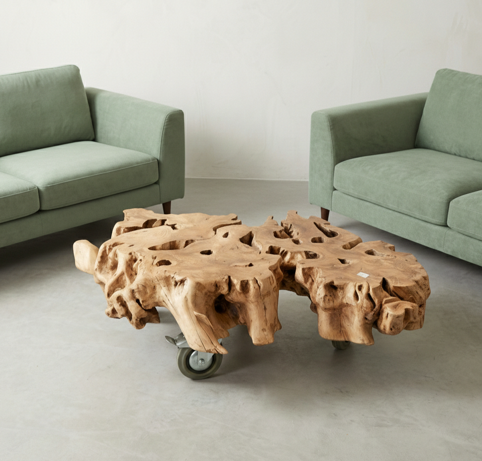 Table basse bord naturel en bois d'olivier sur roulettes