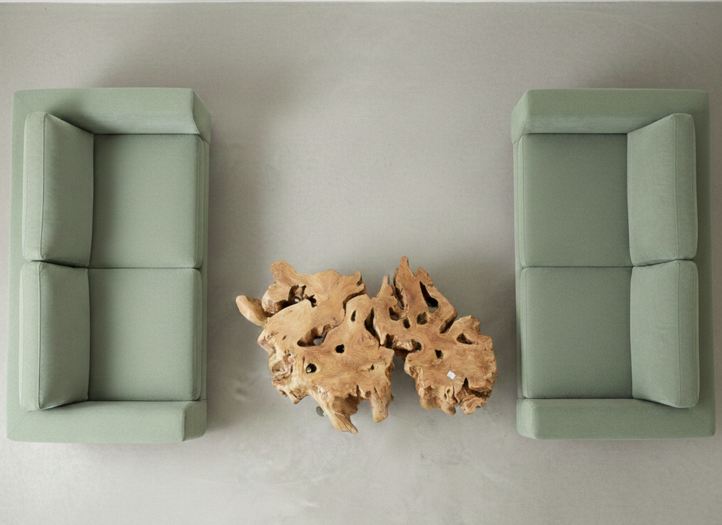 Table basse bord naturel en bois d'olivier sur roulettes